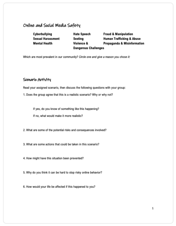 MS_HS Online and Social Media Safety Lesson - Student Handout