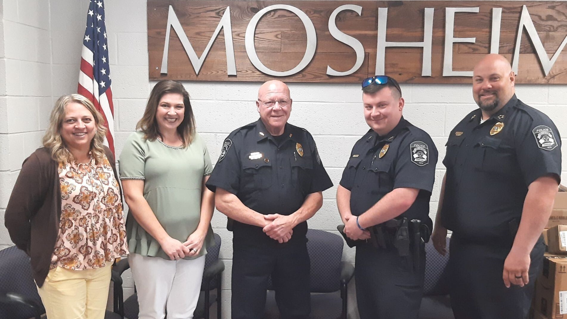 The Drug Abuse Resistance Education program will be returning to Mosheim schools next school year. Pictured from left are West Greene Middle School Principal Tamara Wykle, Mosheim Elementary School Principal Sarah Gray, Mosheim Police Department Investigator Fred Dobson, Patrolman Dustin Lawson and Police Chief Dustin Jeffers. Photo Special To The Sun