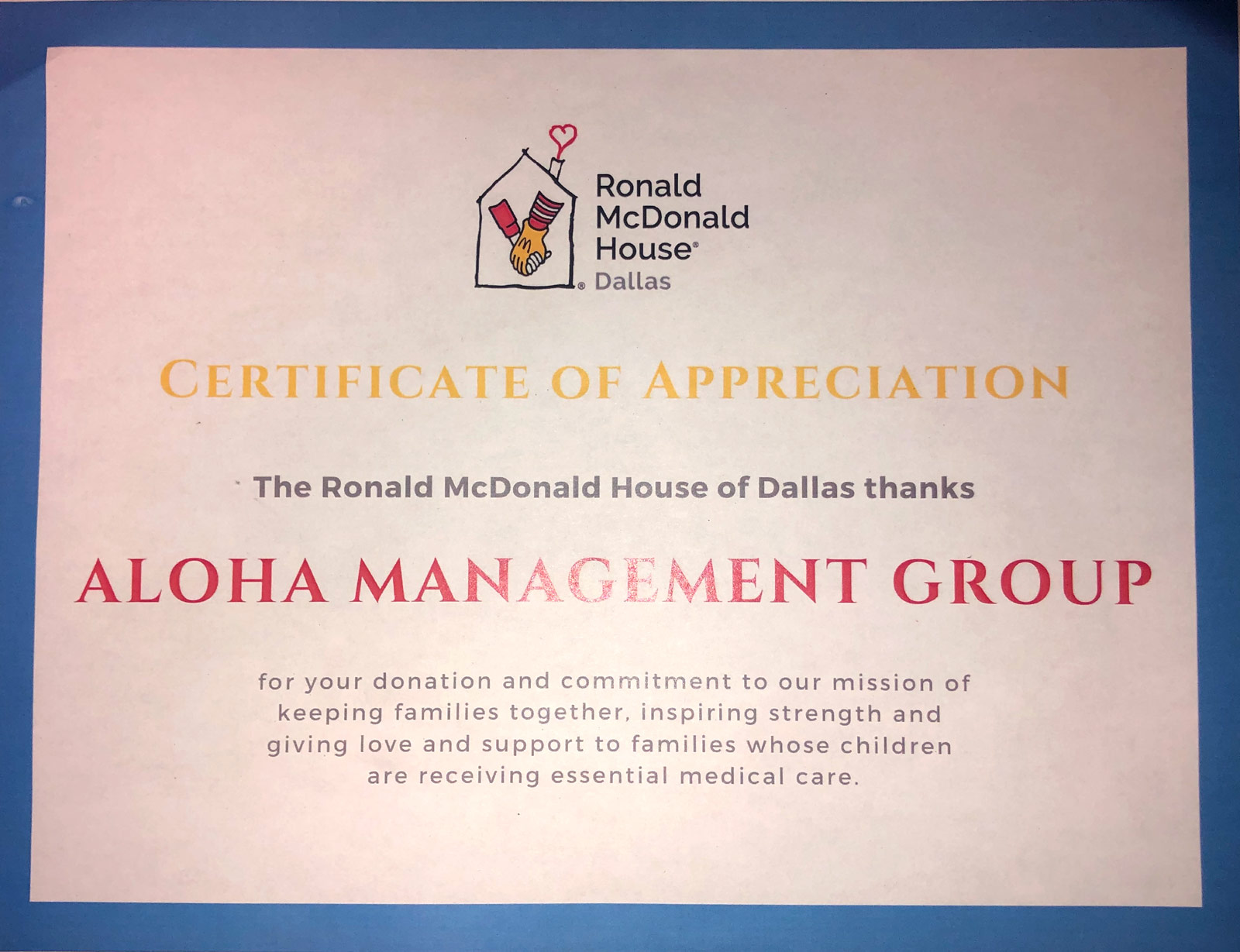 Ronal McDonald House Certificate of Appreciation